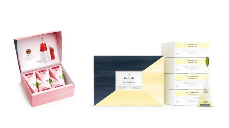 Tea Forté packaging on white — an open pink gift box with pyramid infusers and a stack of Ceylon Gold iced tea boxes