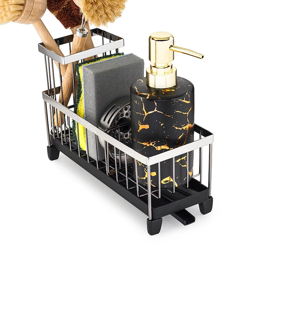 Amazon image of a sink caddy styled with brushes, sponges and a marble soap dispenser