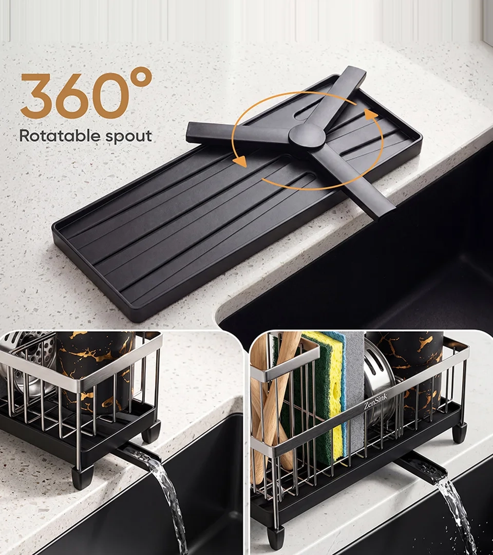 Amazon infographic of a sink caddy with a 360° rotating drain spout