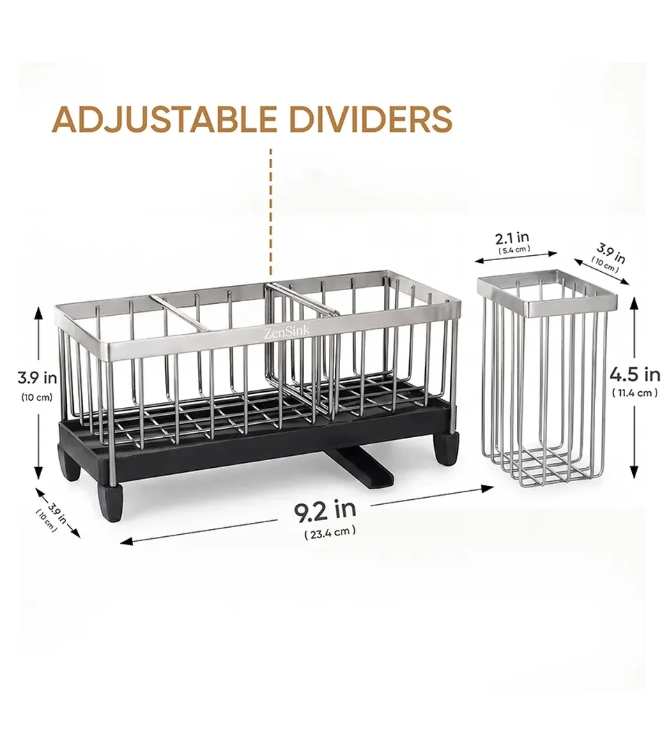 Amazon infographic showing sink caddy dimensions and adjustable dividers