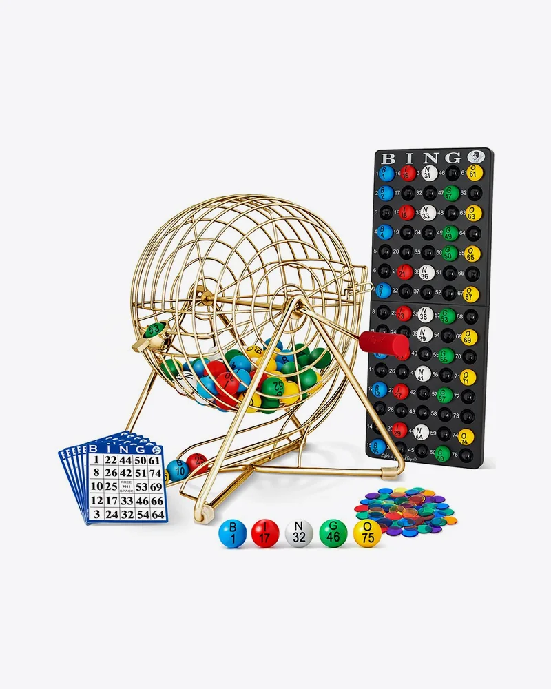 Gold bingo cage set with balls, cards and board, Amazon main image on white