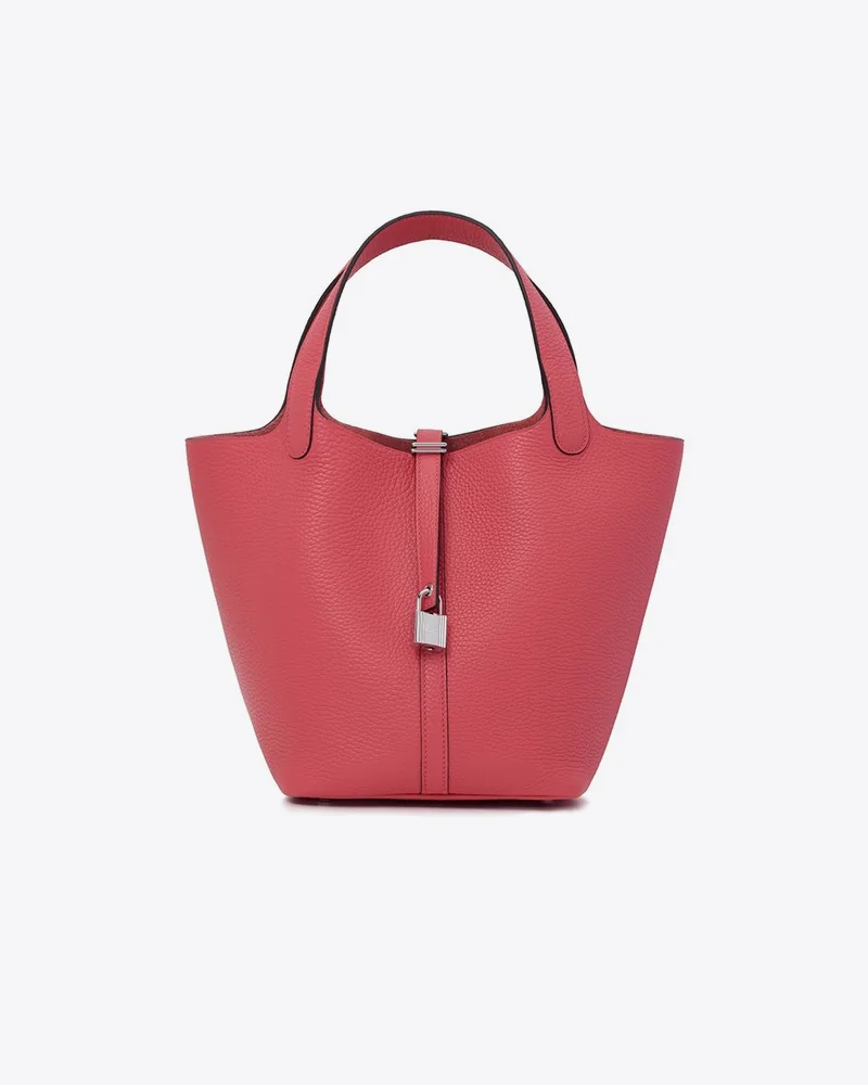 Pink leather bucket bag with padlock