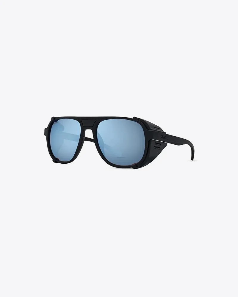 Black sunglasses with blue mirrored lenses and side shields