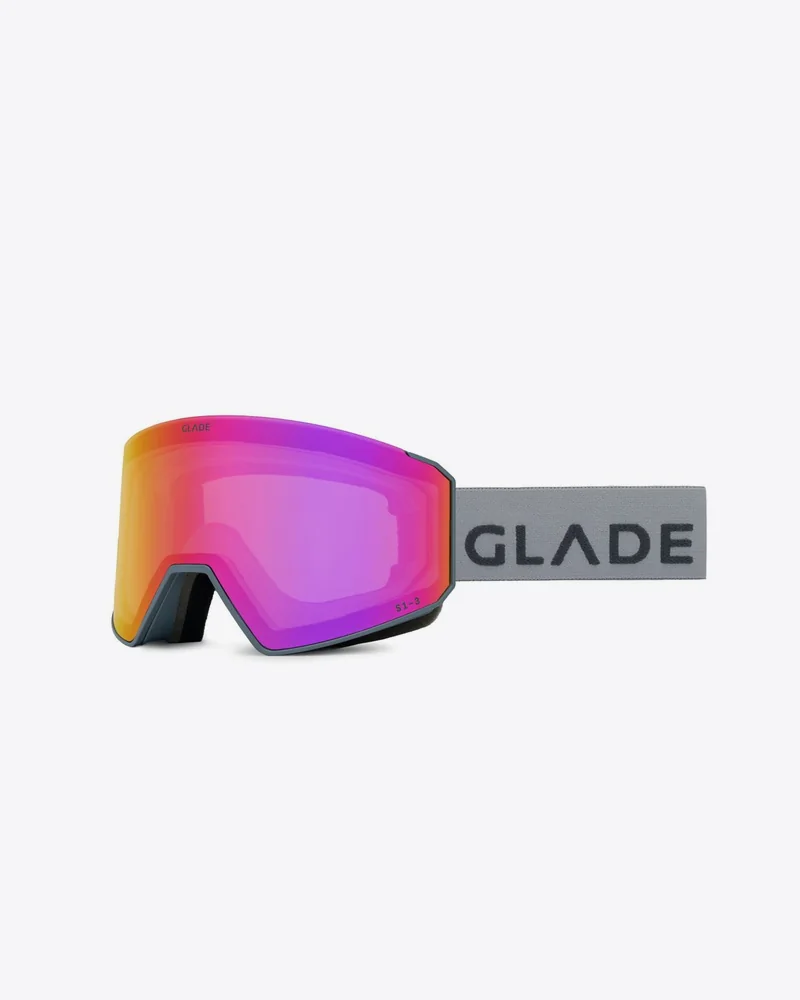 Ski goggles with a pink mirrored lens and grey strap