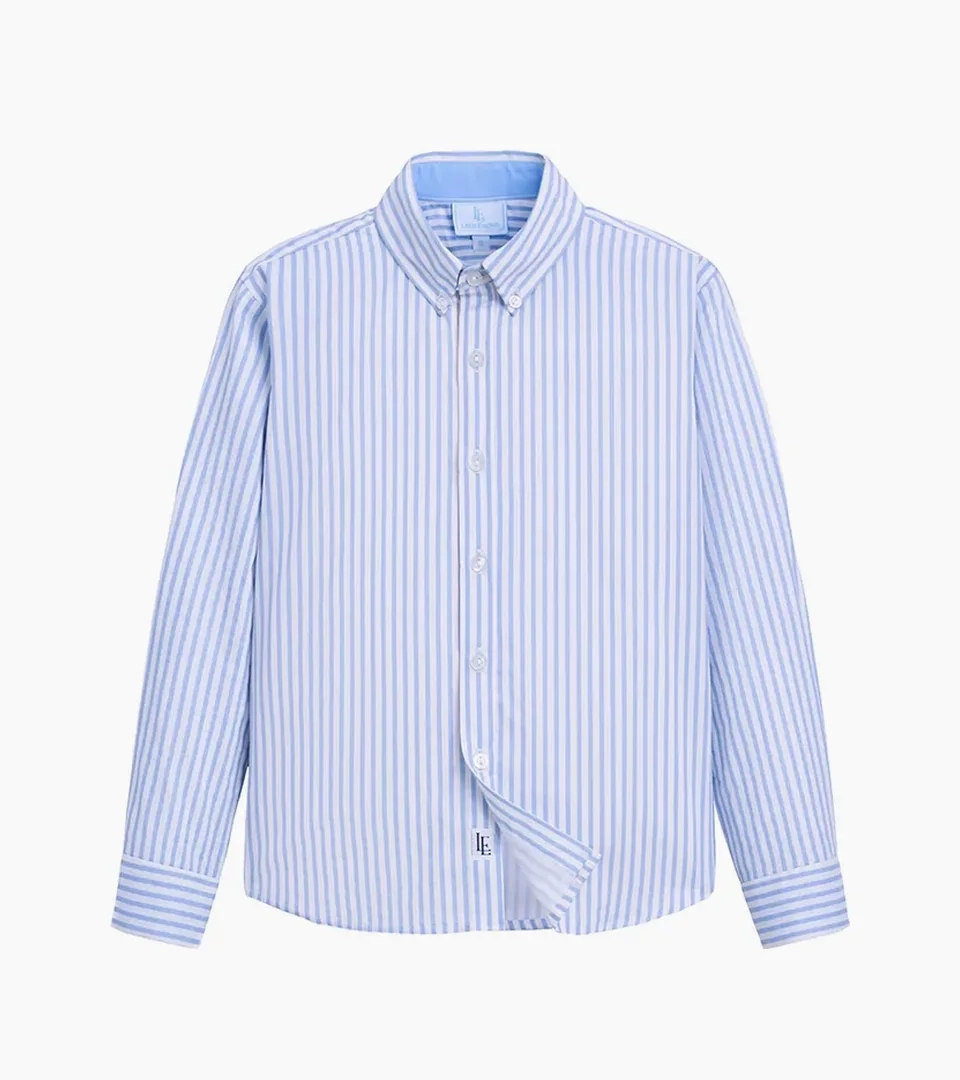 Flat lay photography of a kids blue and white striped button-down shirt