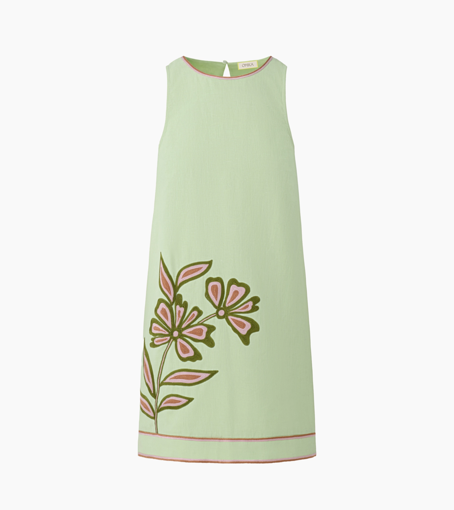 Ghost mannequin photography of a green linen shift dress with floral embroidery