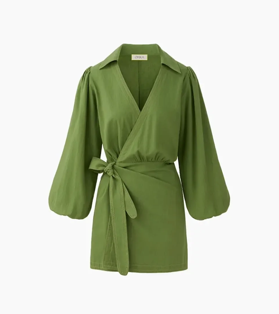 Ghost mannequin photography of a green wrap mini dress with balloon sleeves