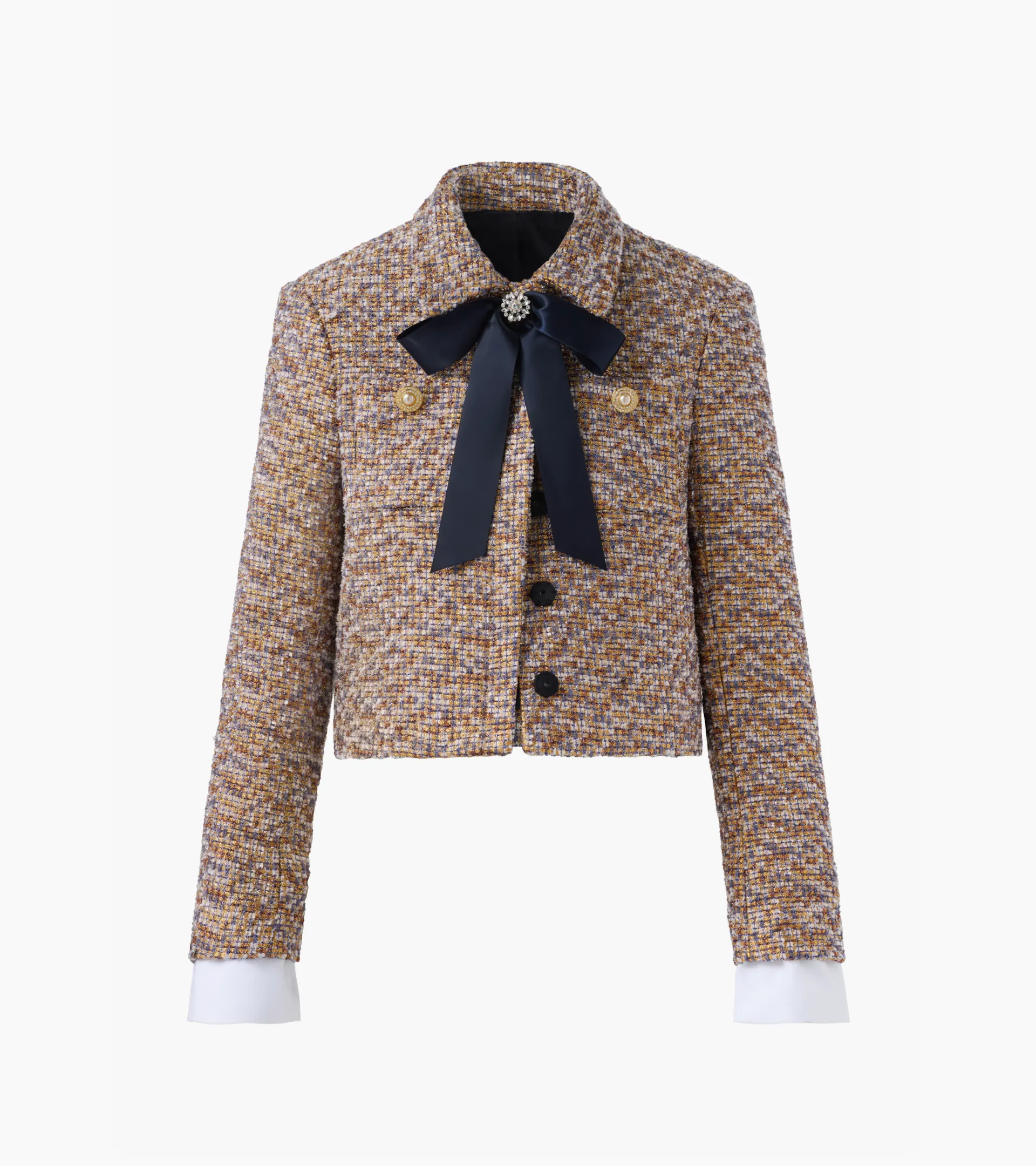 Ghost mannequin photography of a tweed cropped jacket with a navy satin bow