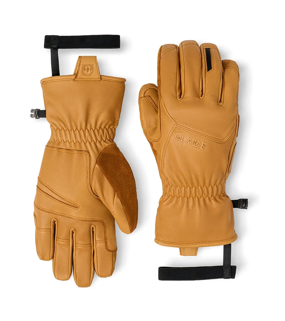 Glove photography of tan leather ski gloves, front and back