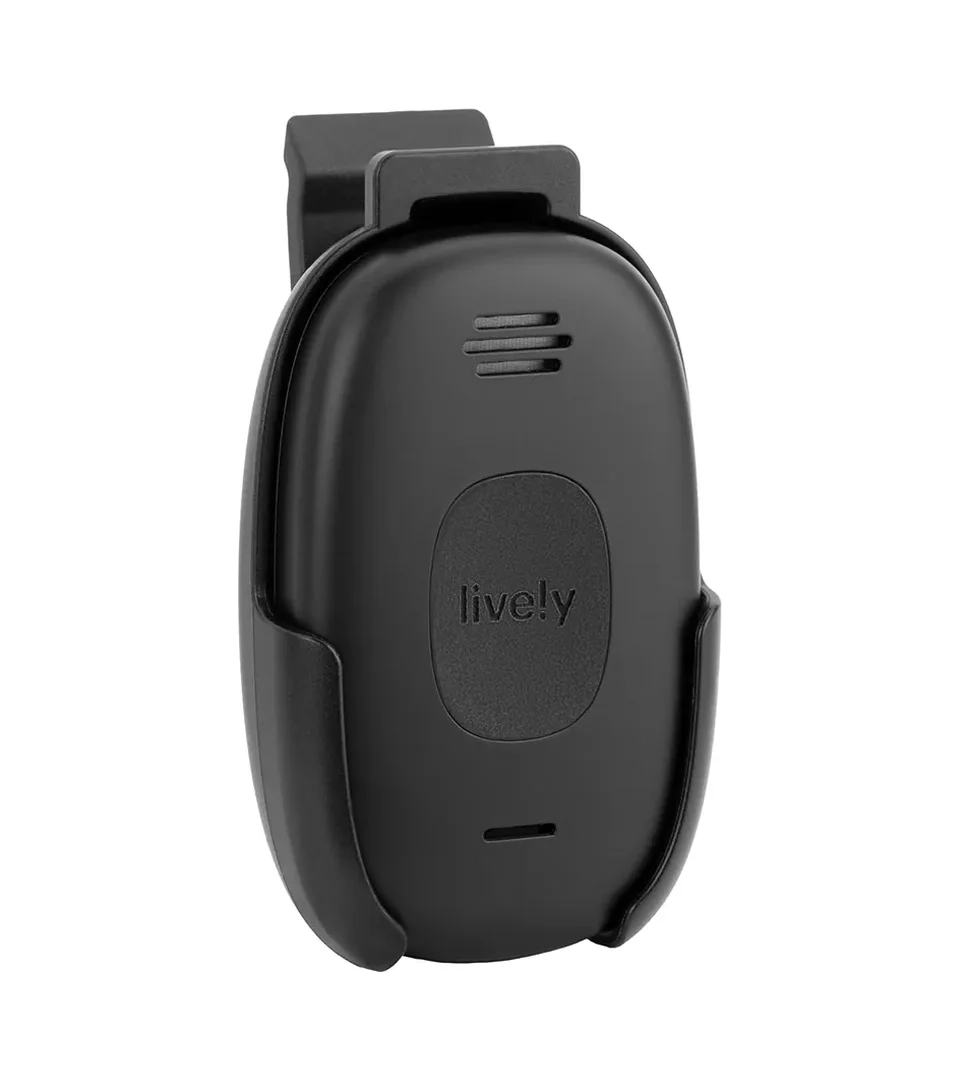 Product photography of a black wearable alert device in its belt clip