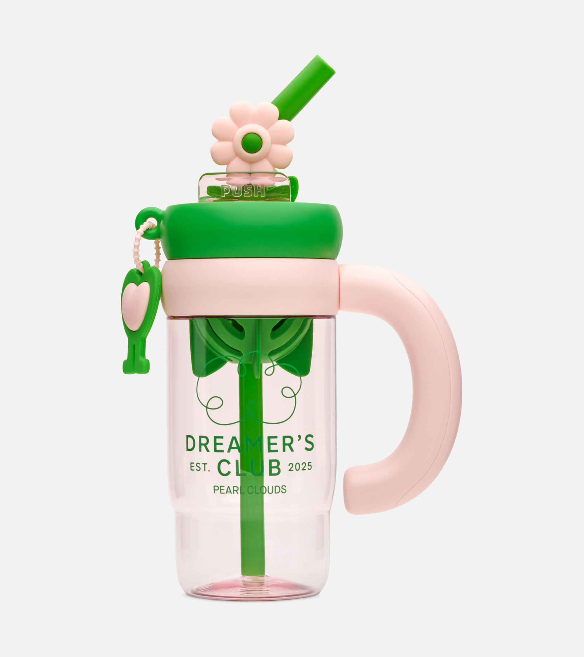 Product photography of a pink and green kids' water bottle with a straw and handle