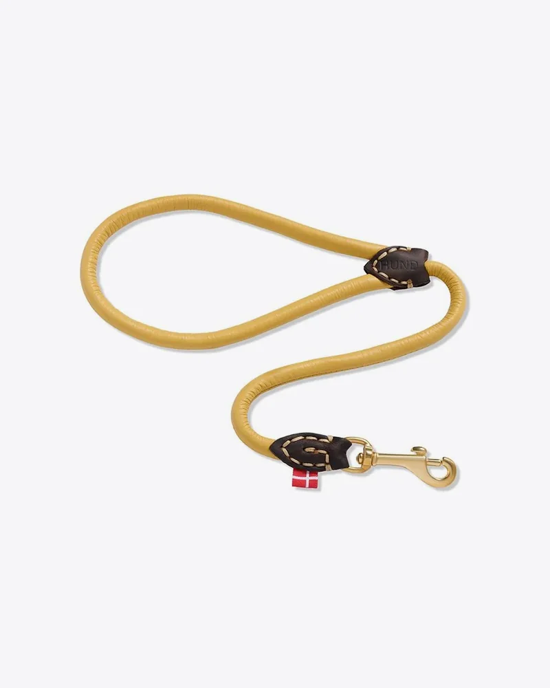 Yellow rolled-leather dog leash on white