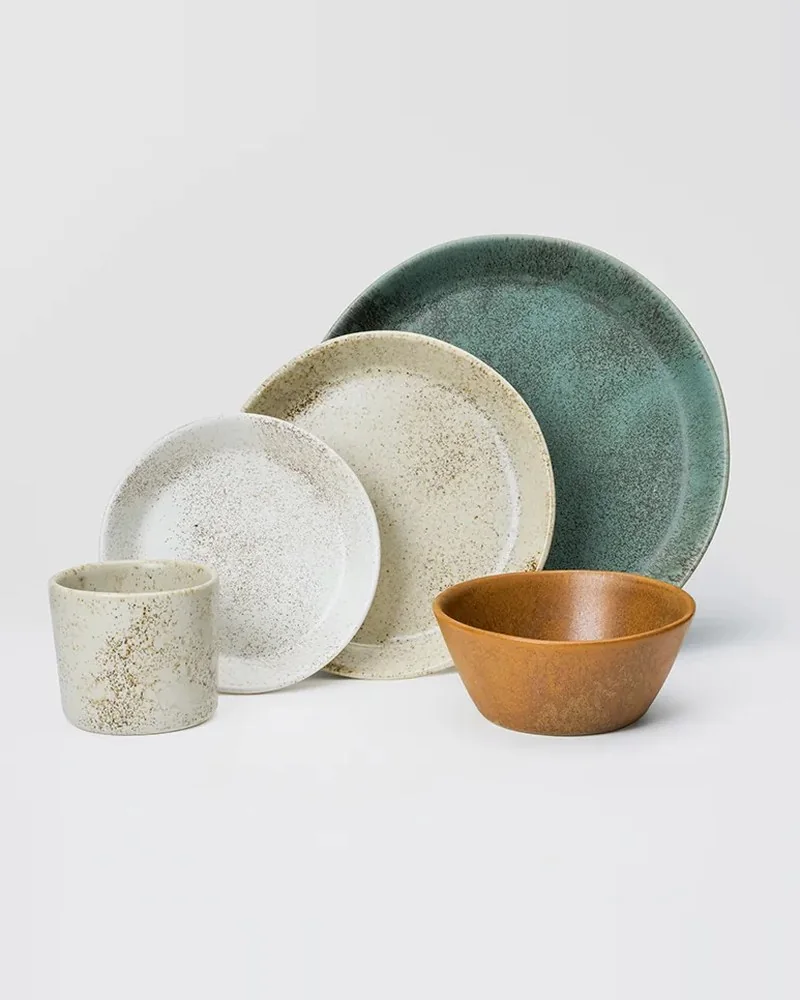 Speckled stoneware dinnerware set: plates, bowl and cup