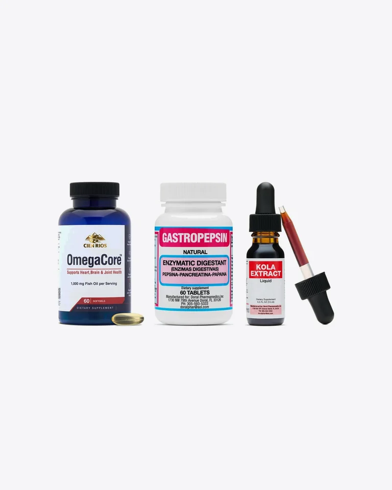 Three supplement bottles: fish oil softgels, digestive enzyme tablets and kola extract
