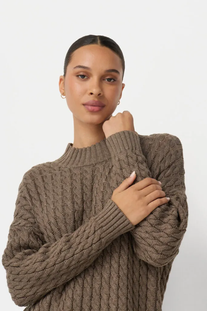 On-model photography close-up of a taupe cable-knit sweater with a ribbed funnel neck and raglan sleeve