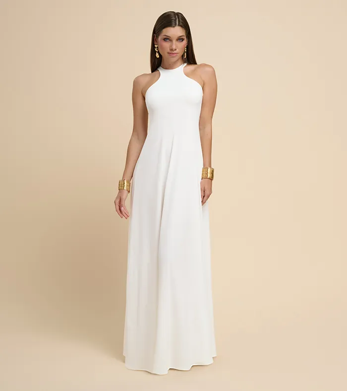On-model photography of a white halter-neck floor-length gown, front view