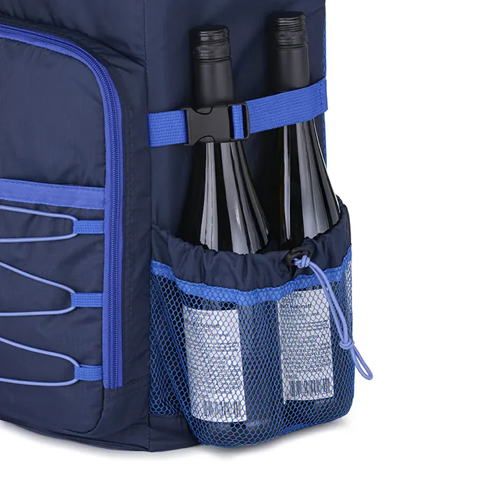 Close-up product photography of a cooler backpack side pocket holding two wine bottles