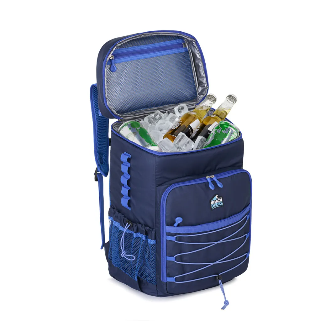 Amazon product photography of a navy cooler backpack shown open and filled with drinks