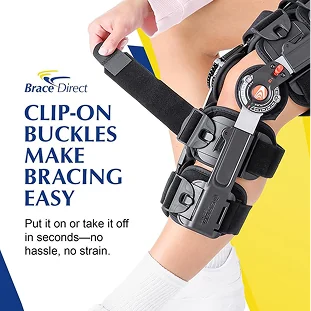 Amazon listing infographic of a knee brace showing clip-on buckle application