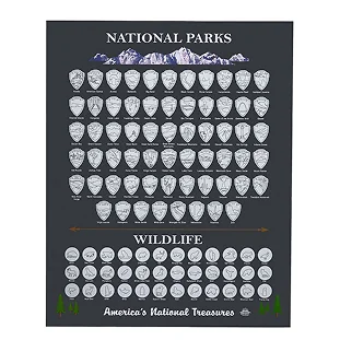 Product photography of a national parks poster in navy and white colorway, front view