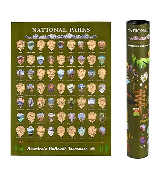 Amazon product photography of a green national parks poster displayed beside its tube