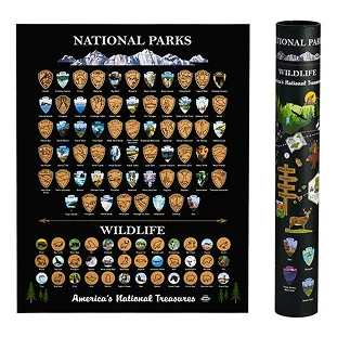 Amazon product photography of a national parks poster in dark colorway with its storage tube