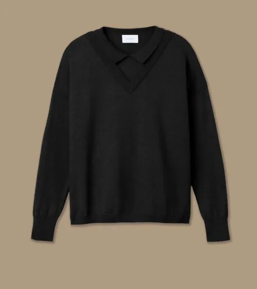 Flat lay photography of a black knit pullover sweater photographed for online retail apparel photography.