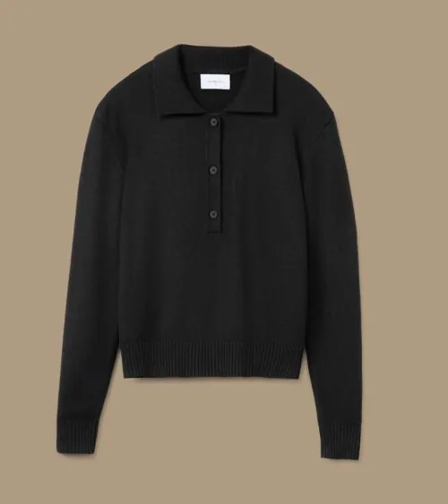 Flat lay photography of a black knit collared sweater for fashion product photography.