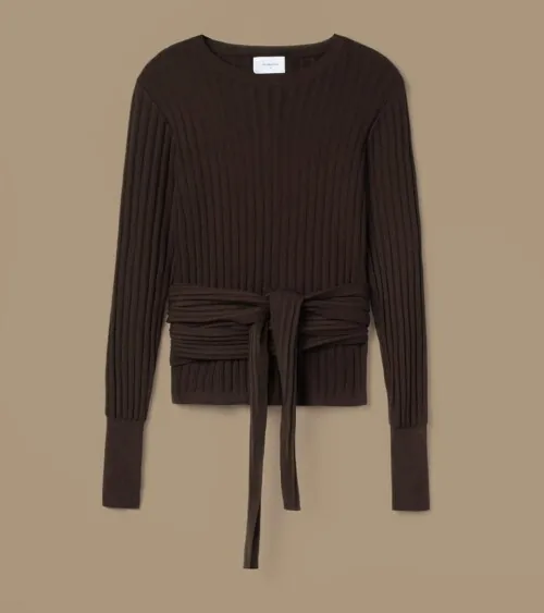 Flat lay photography of a brown knit sweater with waist tie styling for e-commerce fashion photography.