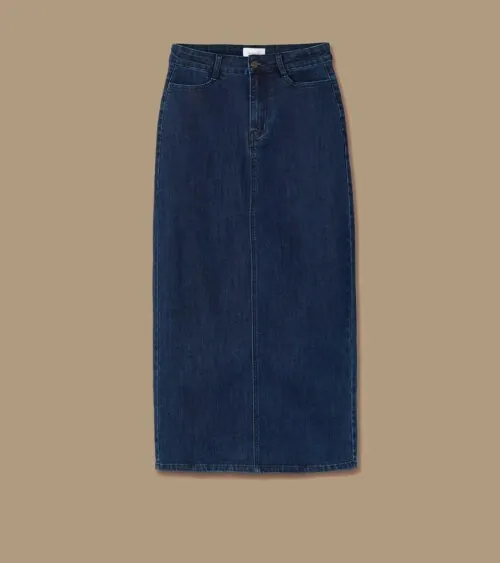 Flat lay photography of a dark wash denim skirt for e-commerce clothing photography.