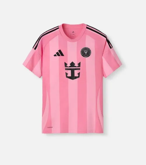 Flat lay photography of a pink soccer jersey photographed for online retail apparel photography.