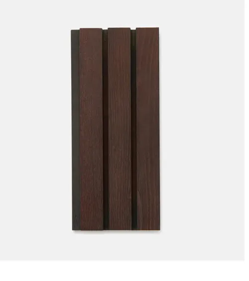 Dark espresso acoustic wood slat wall panel shown flat on white background, studio product photography