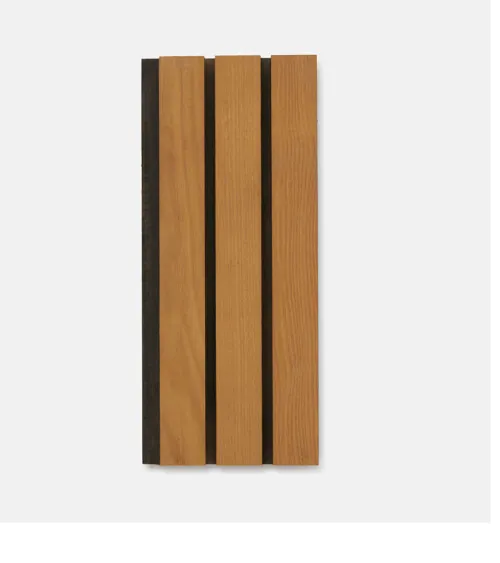 Honey oak acoustic wood slat wall panel photographed flat on gray background, studio product photography