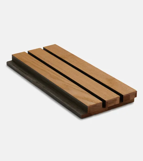 Natural oak acoustic wood slat wall panel sample shown at angle on white background, studio product photography