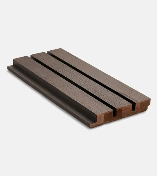 Smoked gray oak acoustic wood slat wall panel sample at angle on white background, studio product photography