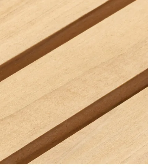 Close-up detail of light oak wood slat panel grain, detail product photography