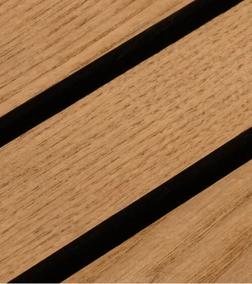 Close-up detail of natural oak wood slat panel grain, detail product photography