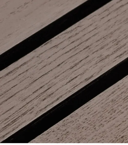 Close-up detail of gray oak wood slat panel grain, detail product photography