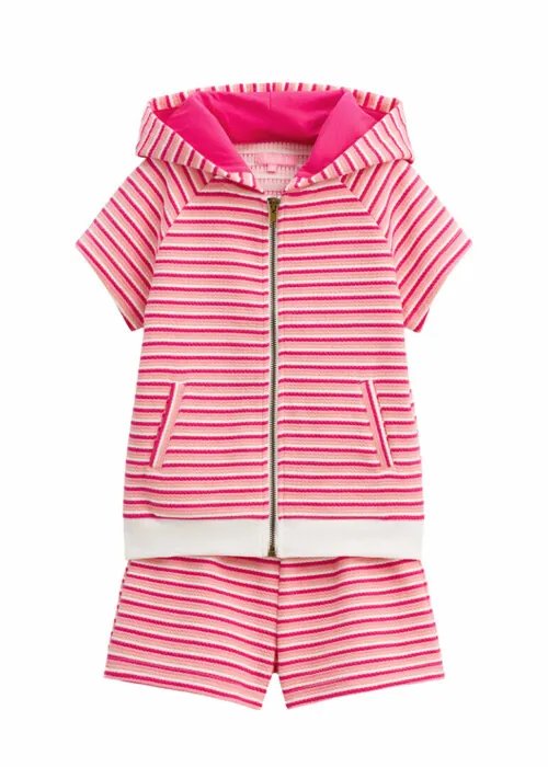 Flat lay photography of a pink striped children's terry hoodie and shorts two-piece set
