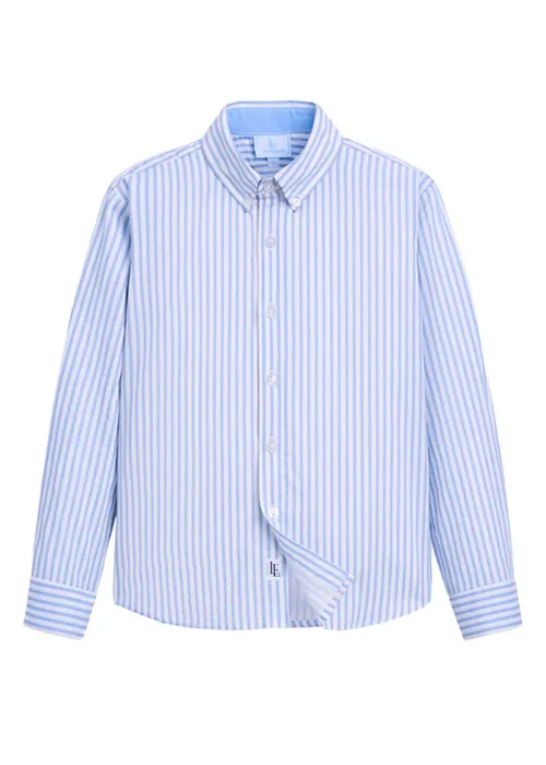 Flat lay photography of a blue striped children's button-down shirt photographed for online retail clothing photography.