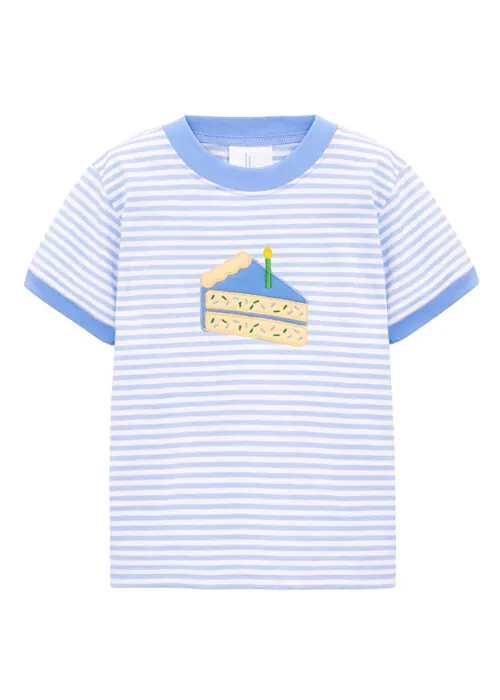 Flat lay photography of a striped children's graphic T-shirt photographed for e-commerce apparel photography.