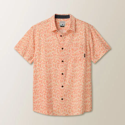 Flat lay photography of a coral patterned button-down shirt photographed for online retail apparel photography.