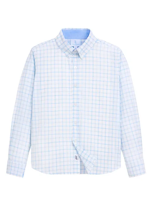 Flat lay photography of a light blue plaid children's button-down shirt for e-commerce apparel photography.