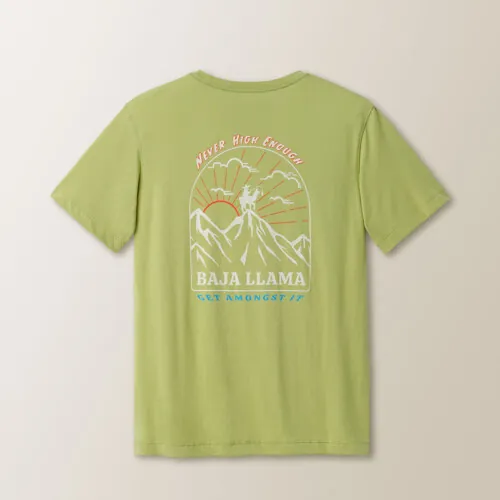Flat lay photography of a green graphic T-shirt for online retail apparel photography.