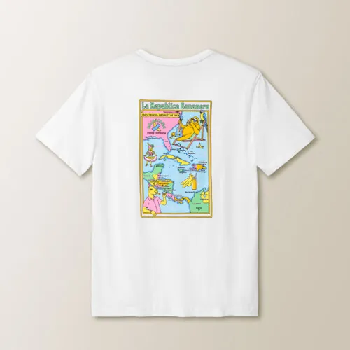 Flat lay photography of a white graphic T-shirt with colorful artwork on a clean background.