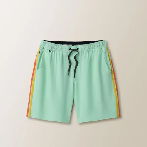 Flat lay photography of mint green men's swim shorts with side stripe details for e-commerce apparel photography.