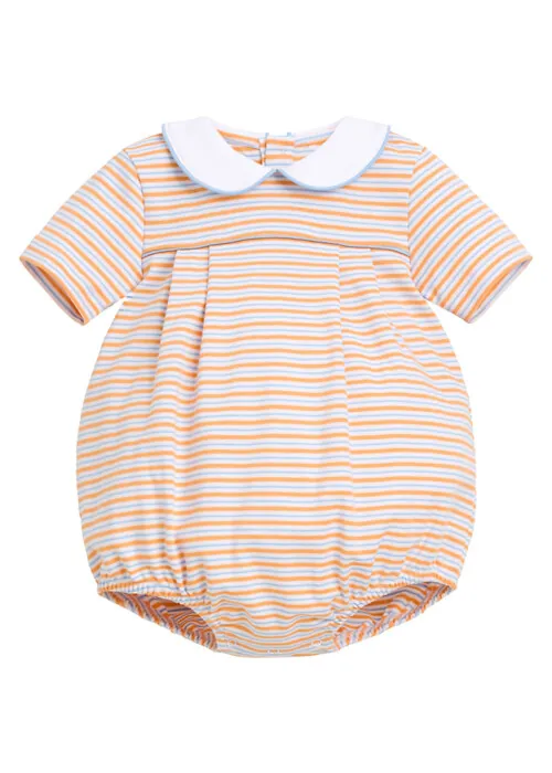 Flat lay photography of a striped baby romper photographed for e-commerce children's clothing photography.