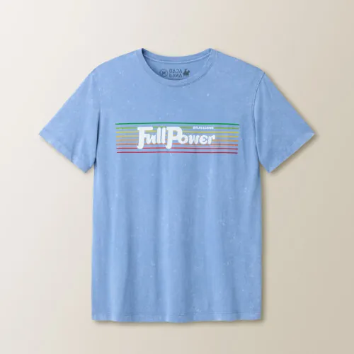 Flat lay photography of a light blue graphic T-shirt photographed for apparel e-commerce photography.