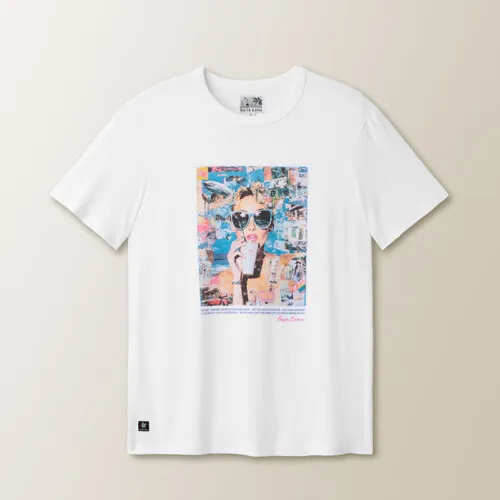 Flat lay photography of a white printed T-shirt photographed for e-commerce product photography.