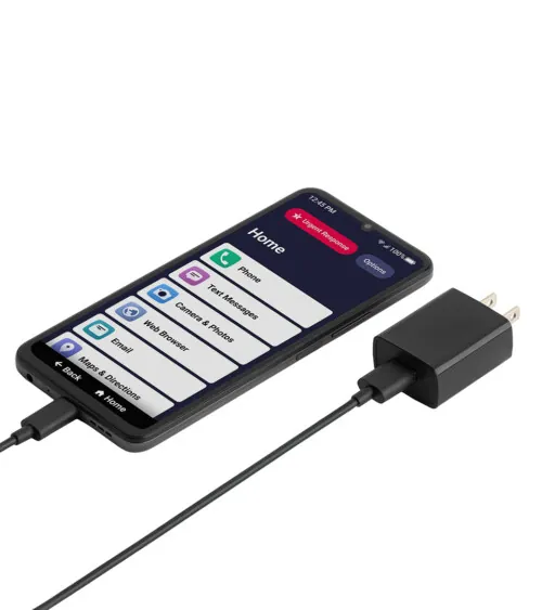 Product photography of a smartphone displaying an app screen, shown with a black charger and cable